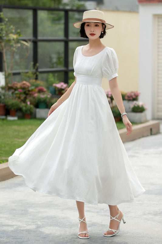 White Linen swing Wedding Dress 5983