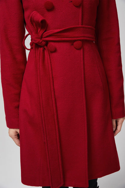 Red Wool Coat - Hooded Double Breasted Tie Waist 5612