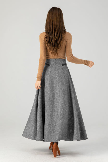 Grey Wool Blend Maxi Skirt With Flared A-Line Shape | Xiaolizi 5388