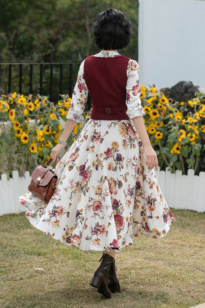 Xiaolizi Floral Linen Midi Dress – Vintage Mandarin Collar Shirt Dress 6691