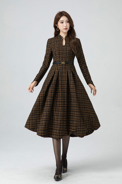 Retro plaid midi wool dress women 5302