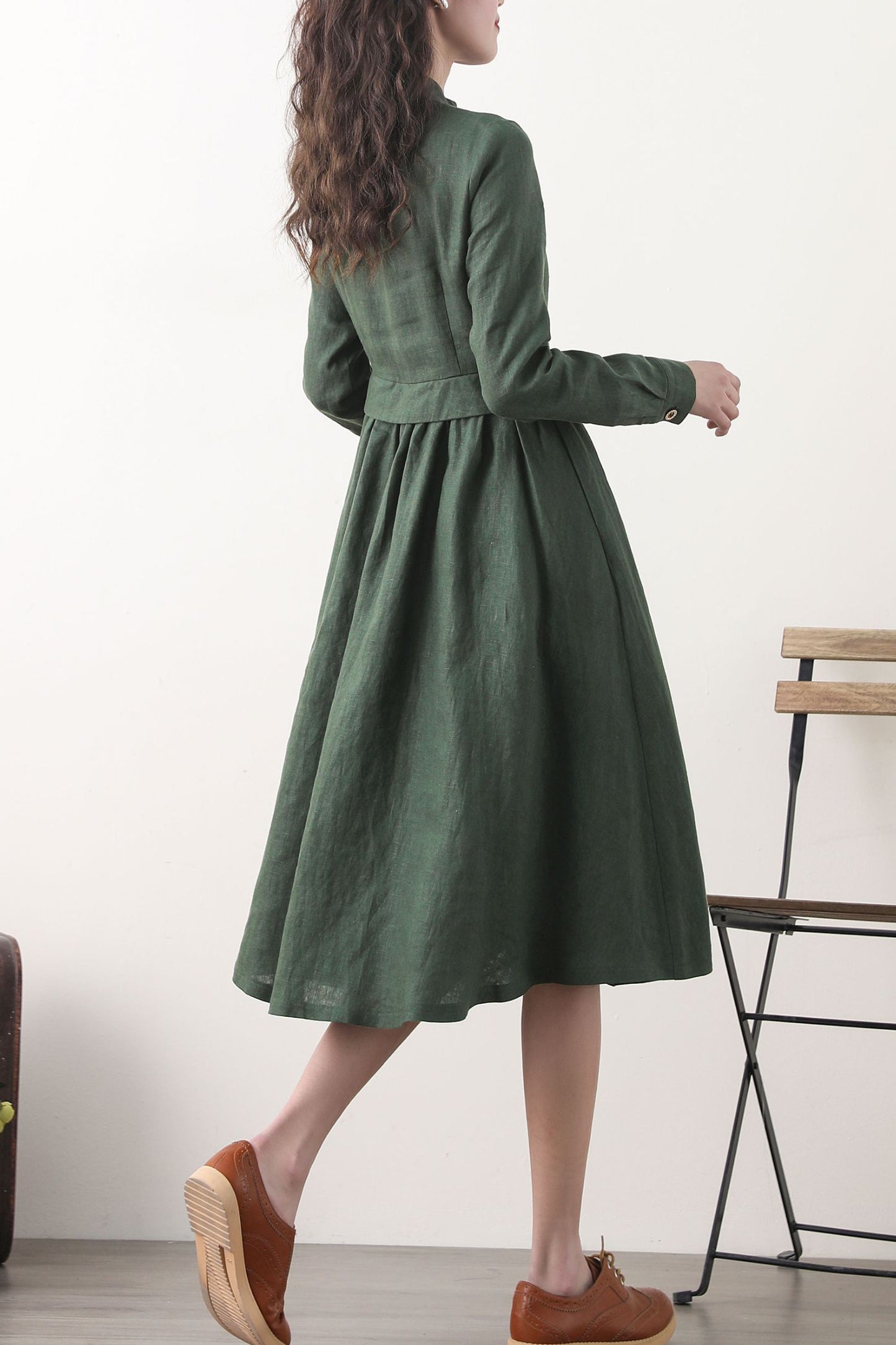 Midi green linen swing spring dresses 2576