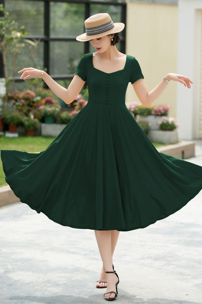 Linen Midi Dress for Women, Square Neckline | Xiaolizi 5981