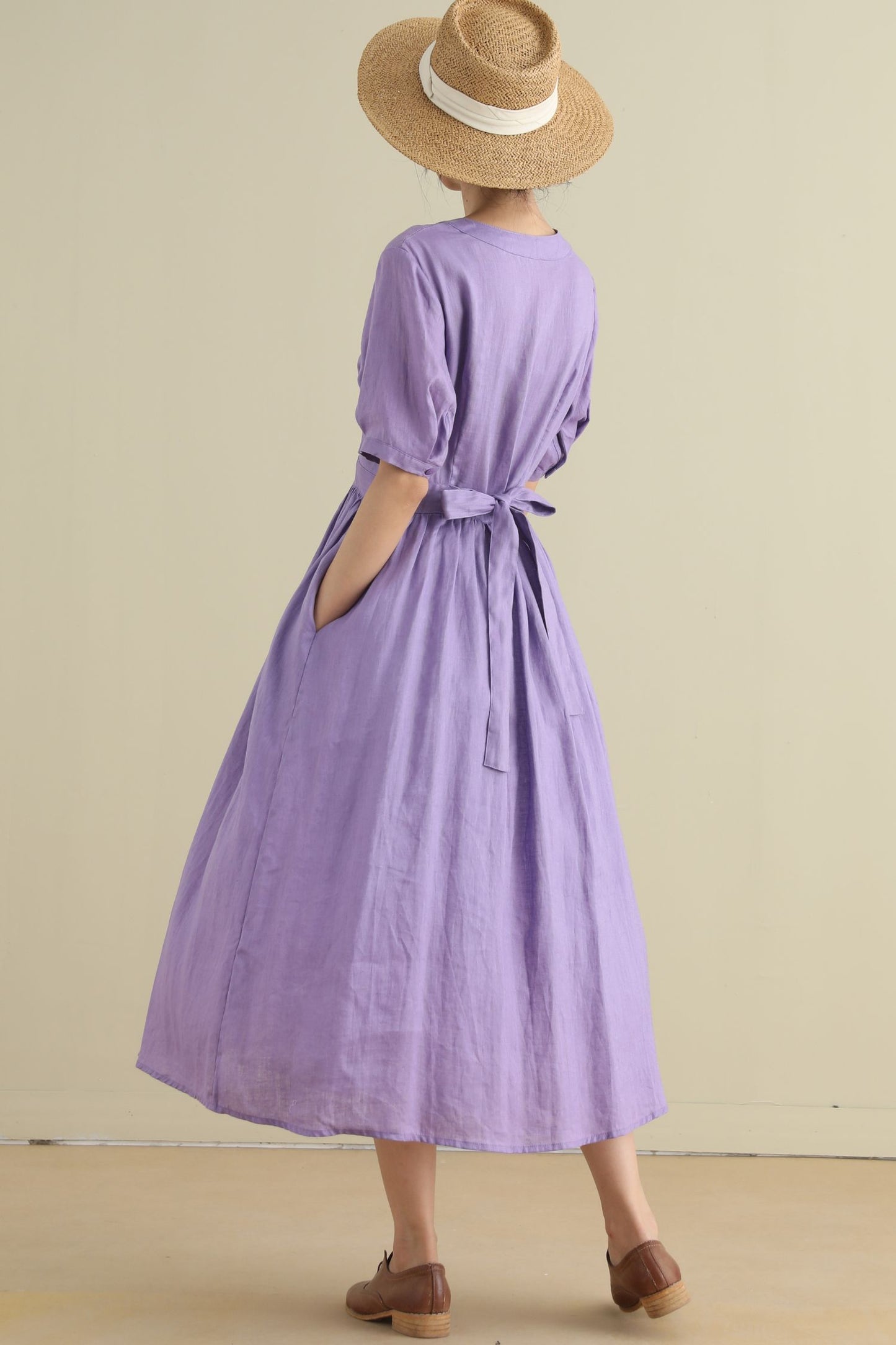 Button up purple midi linen dresses 2796