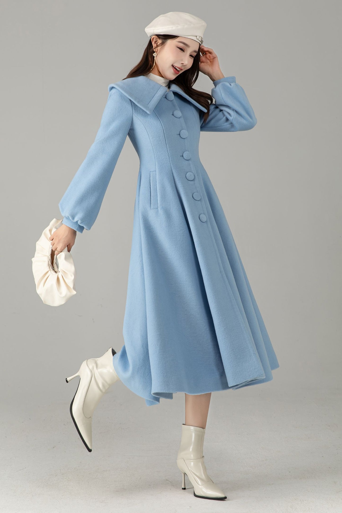 Sky Blue Wool Princess Coat – Vintage Fit and Flare Swing Winter Coat | Xiaolizi 6576