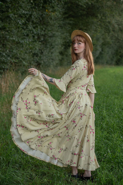 Beige Linen Maxi Dress - Vintage Floral Fit and Flared 3053