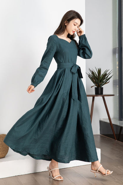 Teal Linen Maxi Dress - A-Line Silhouette with Waist Tie 5639