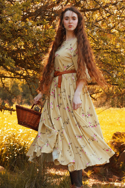 Floral Midi Linen Dress - Fit and Flared, Pleated Waist 3486