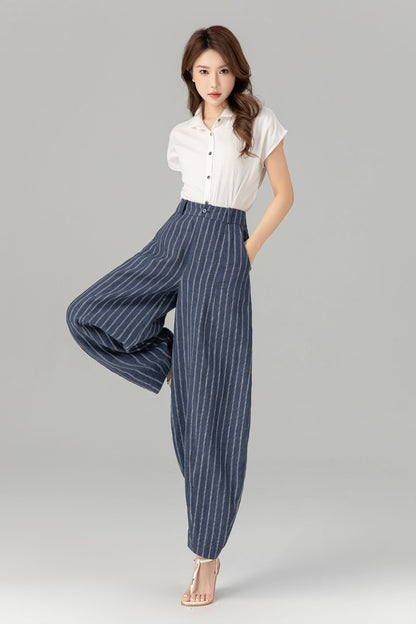 Plus size blue striple long linen pants 4939