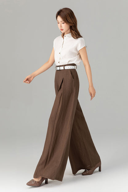 Brown Linen Wide Leg Pants - High Waisted Pleated Detail 4918