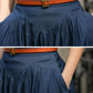 Navy Blue Linen Maxi Pleated Skirt 5688