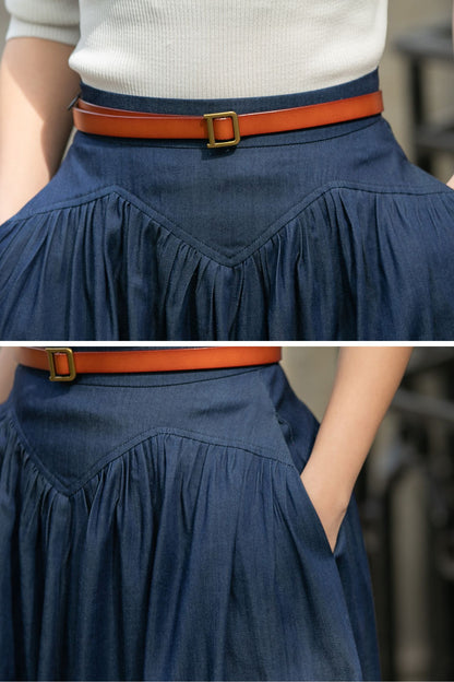 Navy Cotton Maxi Skirt - High Waist Pleated Two Pockets | Xiaolizi 5688