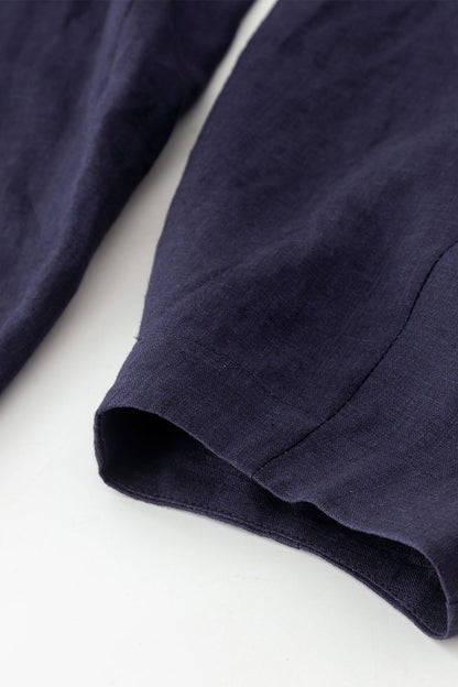 Navy Linen Cotton Wide Leg Pants - Lantern Silhouette with Pockets 4907