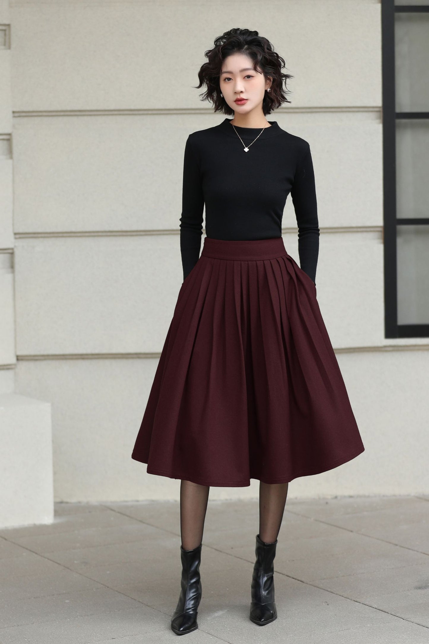 Xiaolizi Rust Brown Wool Midi Skirt for Women – Handmade High-Waist A-Line Winter Skirt 6608