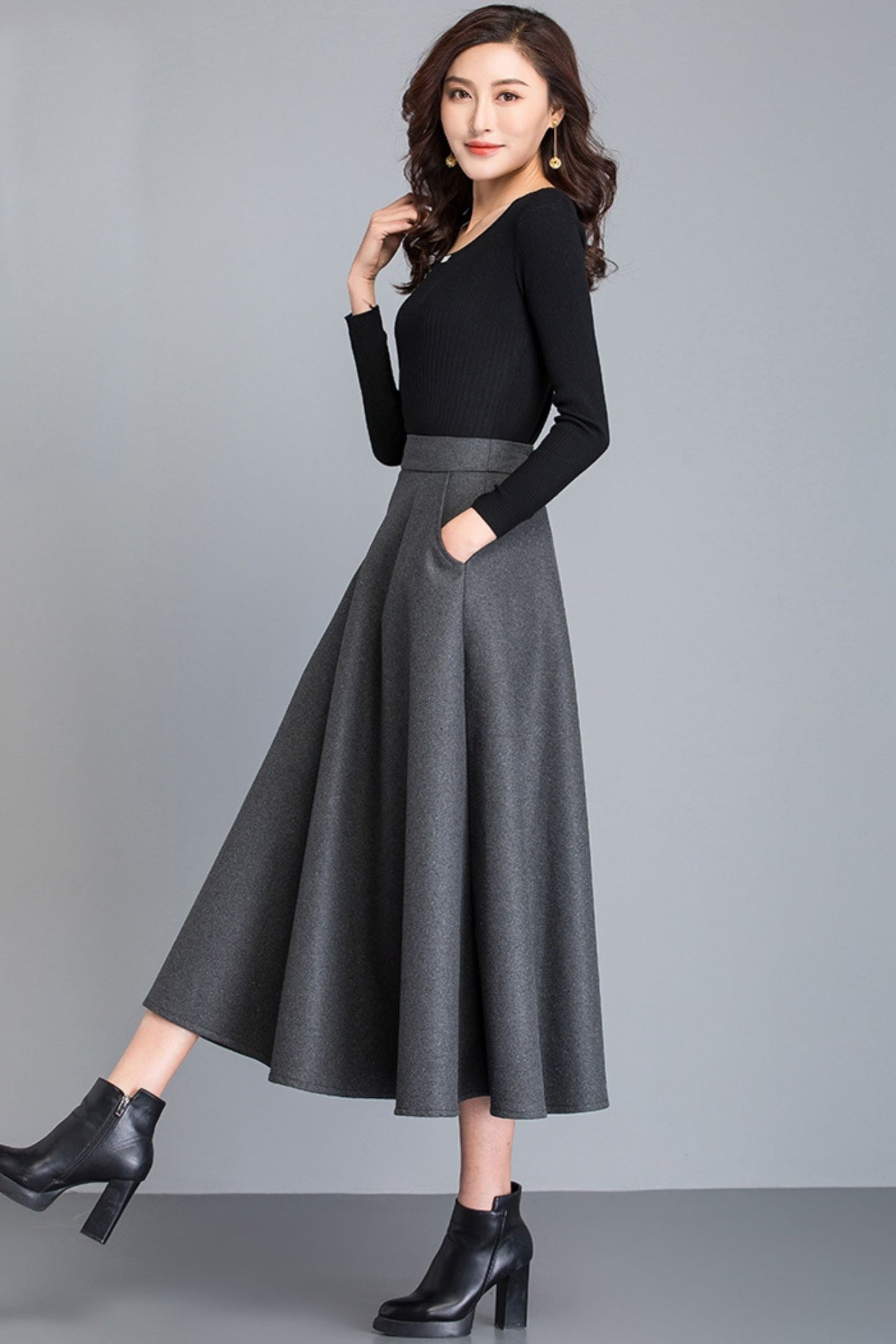 Handmade Wool Midi Skirt – Vintage A-Line High Waist with Pockets 6212