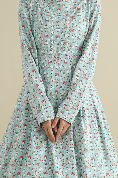 Floral Linen Knee-Length Dress - Long Sleeve, Round Neck 2795