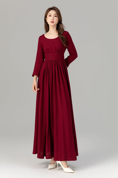 Burgundy Linen Maxi Dress - High Waisted, Flowing Silhouette 4924