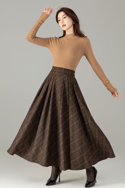 Handmade Wool Blend Plaid Skirt – Vintage Long A-Line Maxi for Autumn Winter 6505