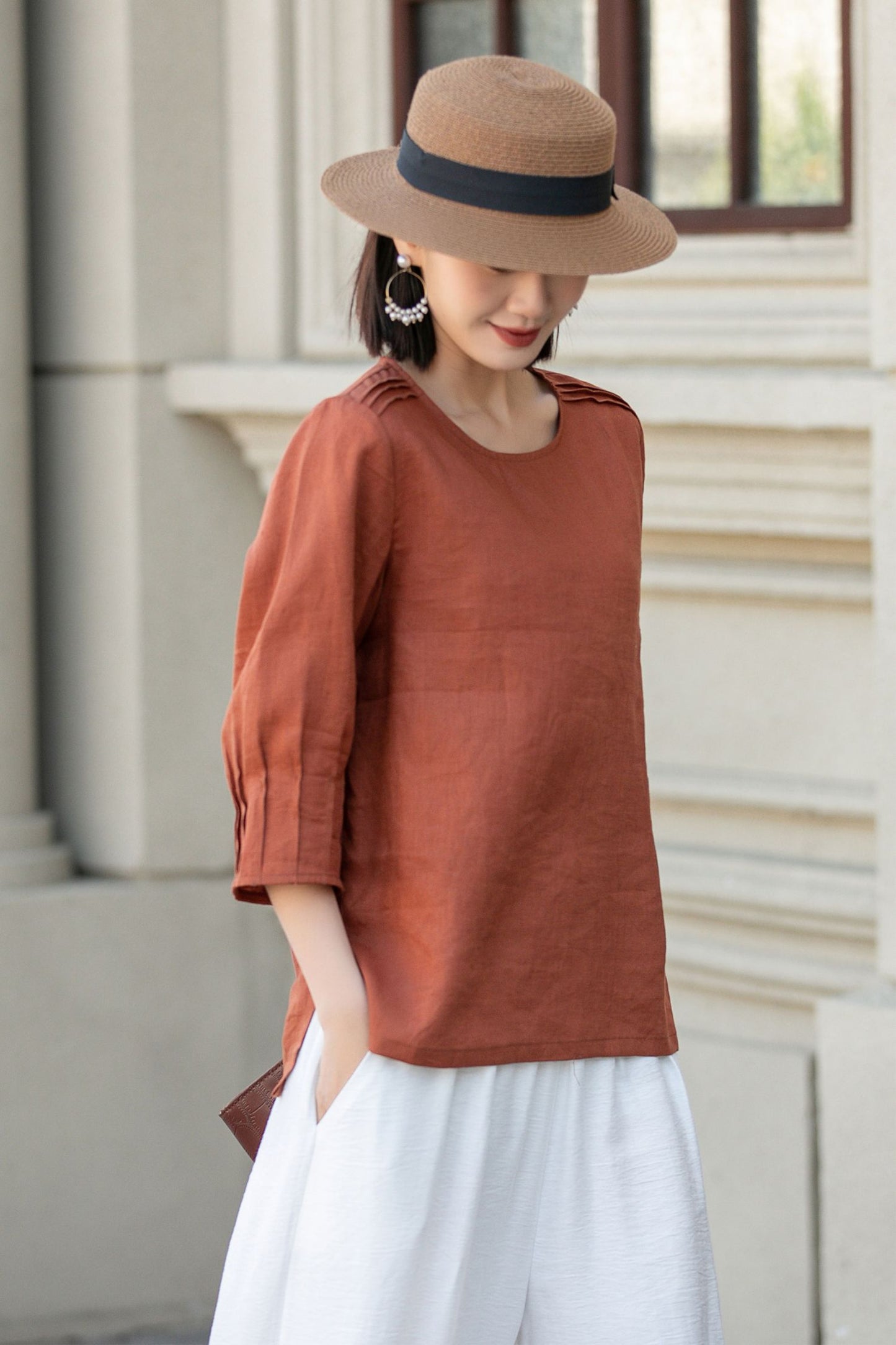 Orange loose fitting linen blouse 4902