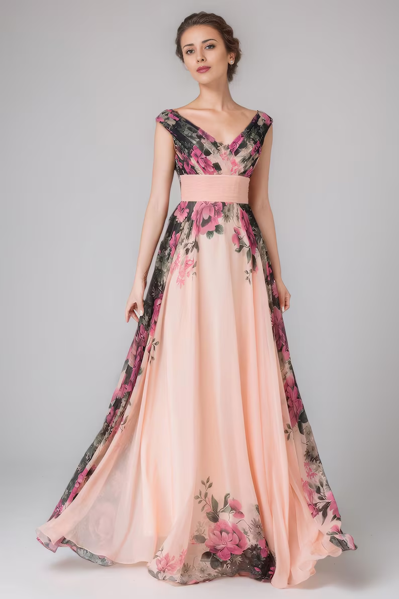 floral printed prom chiffon dress women 1543