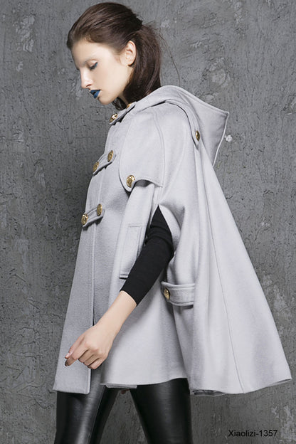 Gray Hooded Wool Poncho Coat – Handmade Double-Breasted Cape | Xiaolizi 1357