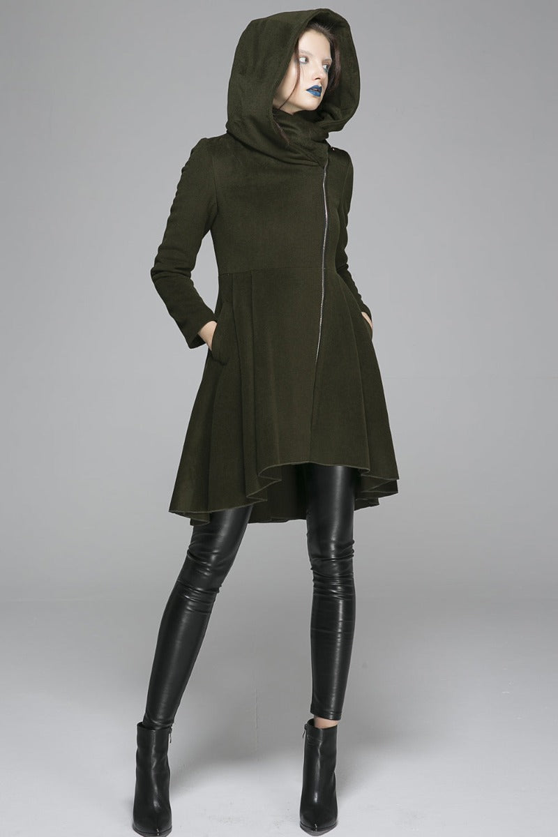 Black Winter Hooded Wool Coat 1121