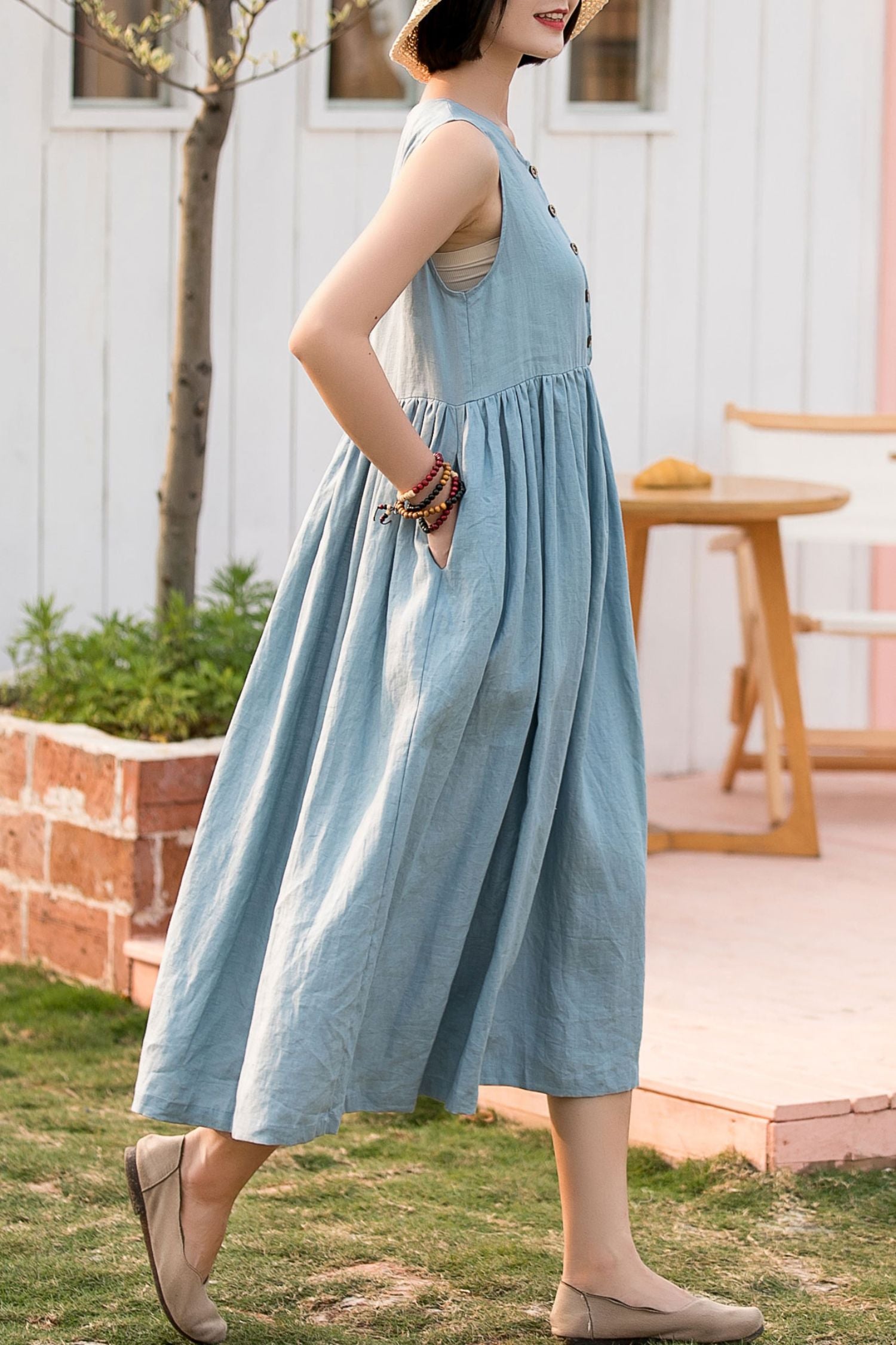 Light Blue Linen Dress - A-Line Sleeveless | Xiaolizi 2804