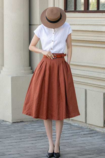 Rust Linen A-Line Midi Skirt - Pleated, Flowy Silhouette 4904