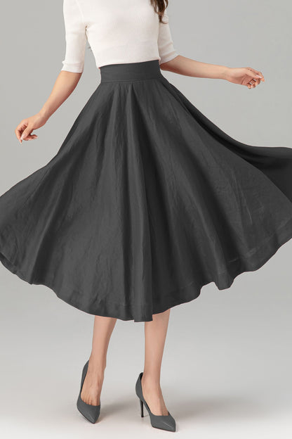 Grey Linen Midi Skirt - High Waist Flared Circle Swing | Xiaolizi 5728