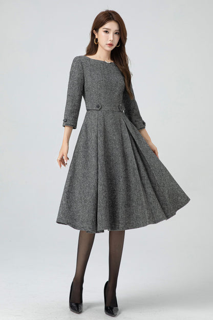 Wool Blend Fit and Flare Midi Dress – Vintage Winter Dress with 3/4 Sleeves 5301