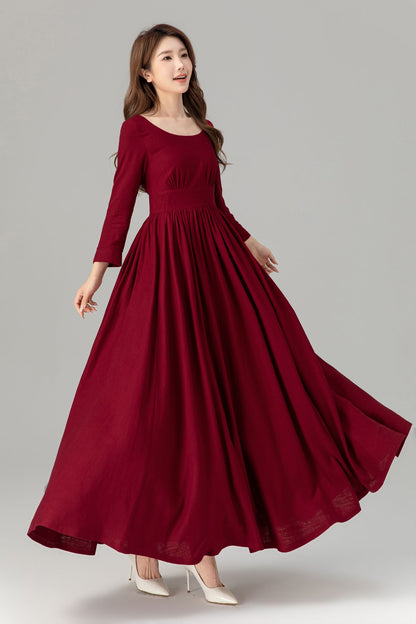 Burgundy Linen Maxi Dress - High Waisted, Flowing Silhouette 4924