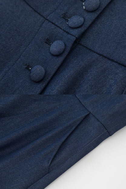 Navy Cotton Denim Midi Skirt - High Waist A-Line Button Front 5713