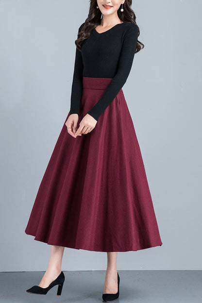 Handmade Wool Midi Skirt – Vintage A-Line High Waist with Pockets 6212