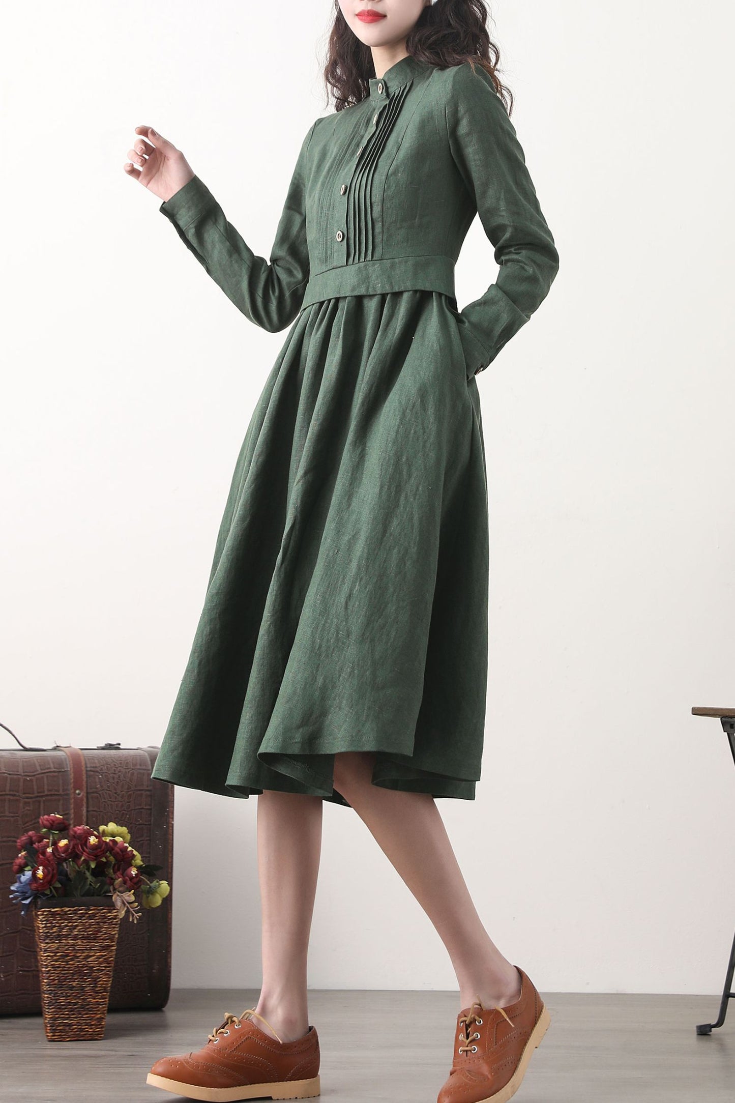 Midi green linen swing spring dresses 2576