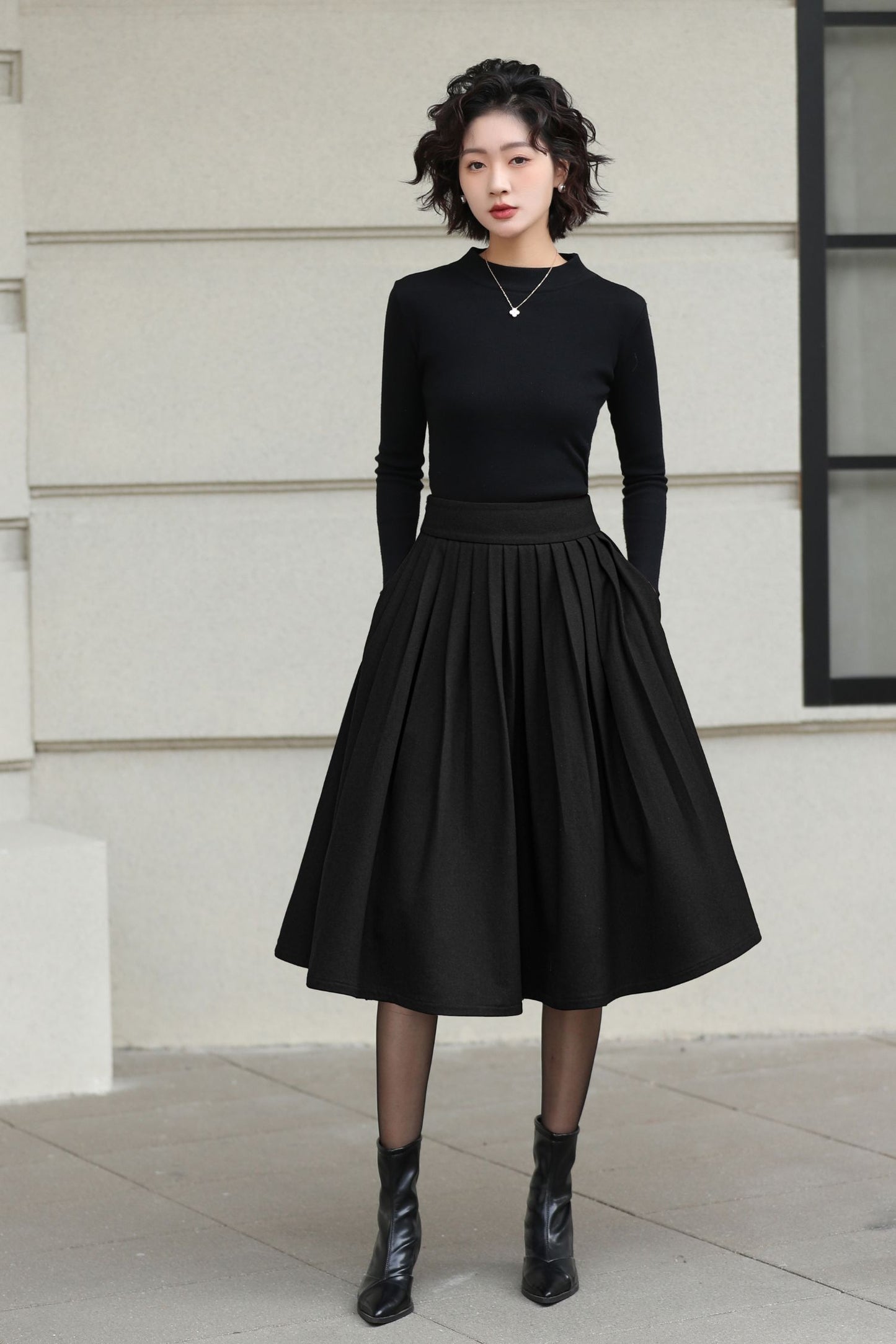 Xiaolizi Rust Brown Wool Midi Skirt for Women – Handmade High-Waist A-Line Winter Skirt 6608