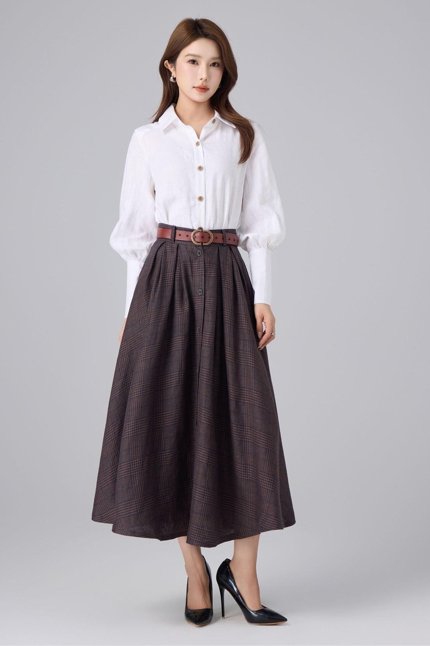 Brown Plaid Linen Maxi Skirt - High Waist A-Line | Xiaolizi 6756