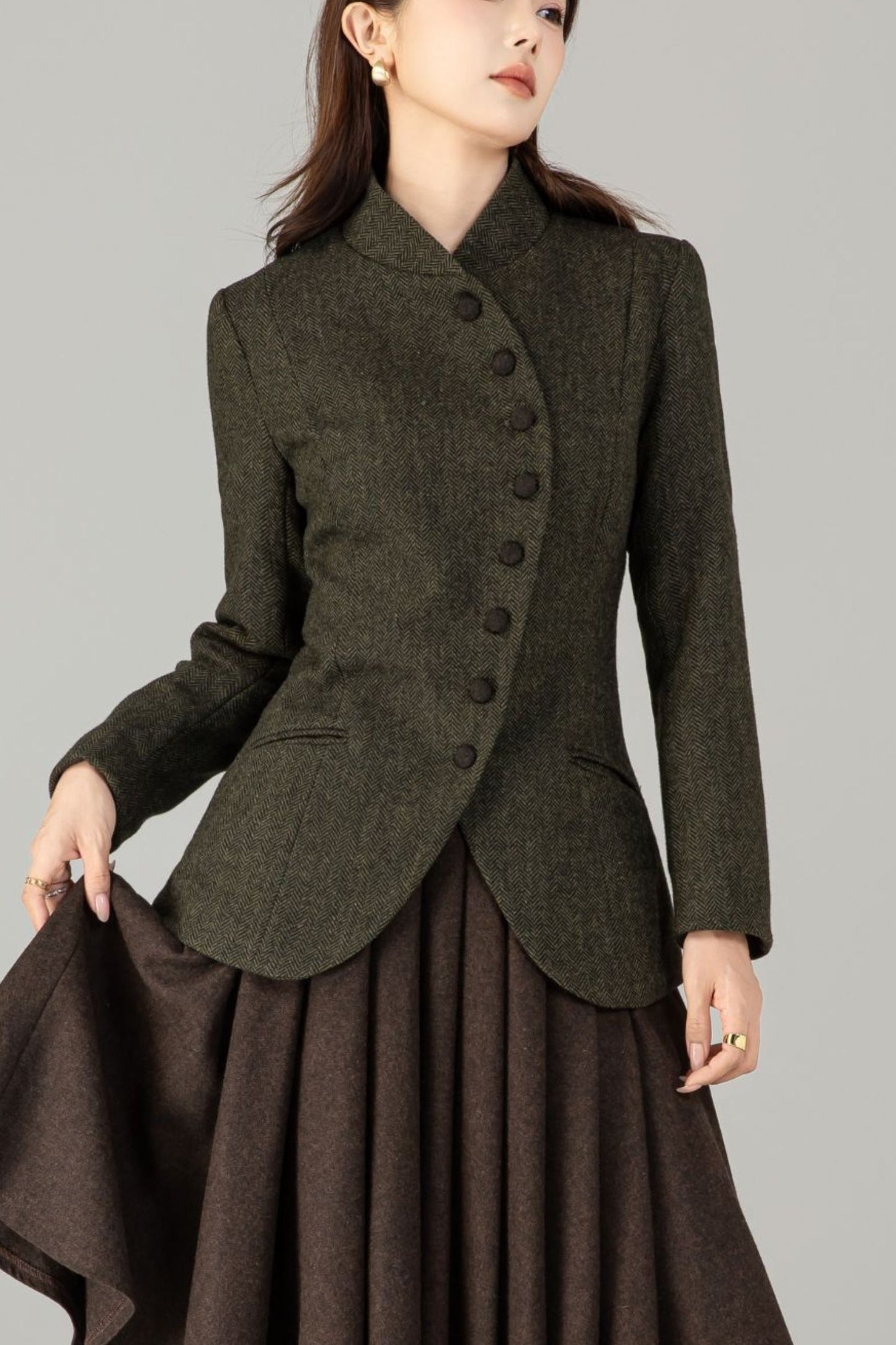 Handmade Wool Blend Herringbone Jacket – Vintage Short Coat | Xiaolizi 6496