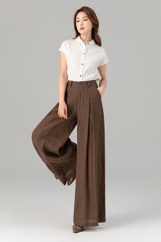 Womens elegant wide leg long linen pants 4918