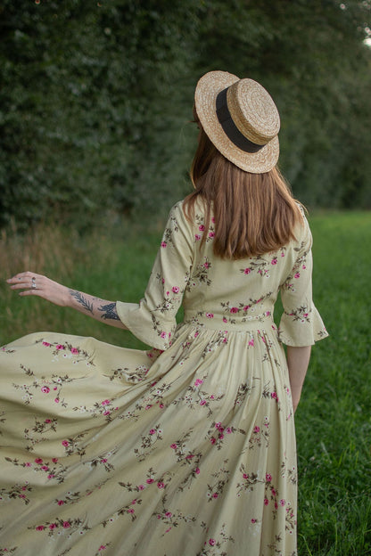 Beige Linen Maxi Dress - Vintage Floral Fit and Flared 3053