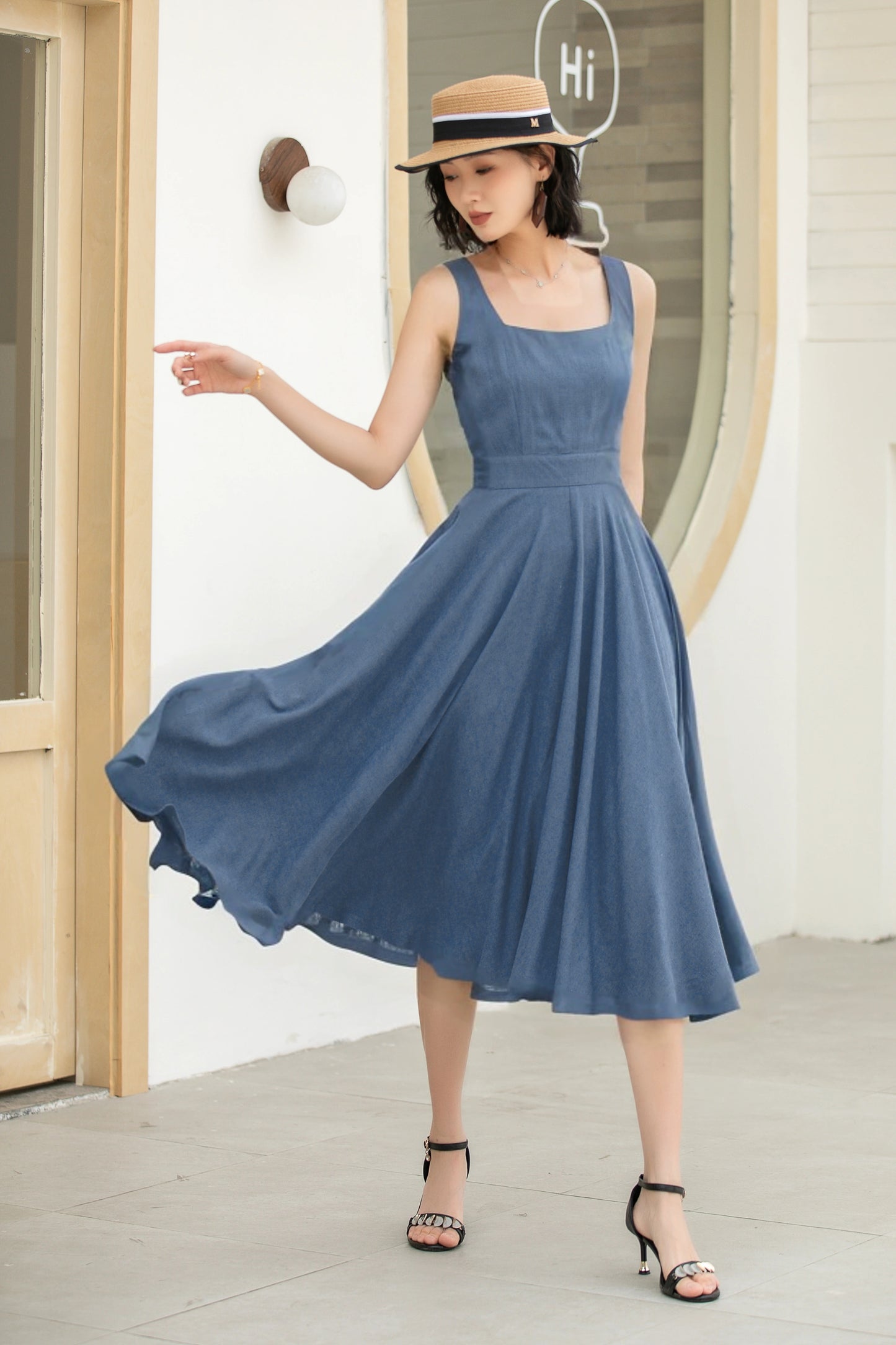 Stylish A-Line Linen Suspender Dress with Square Neckline | Xiaolizi 6071