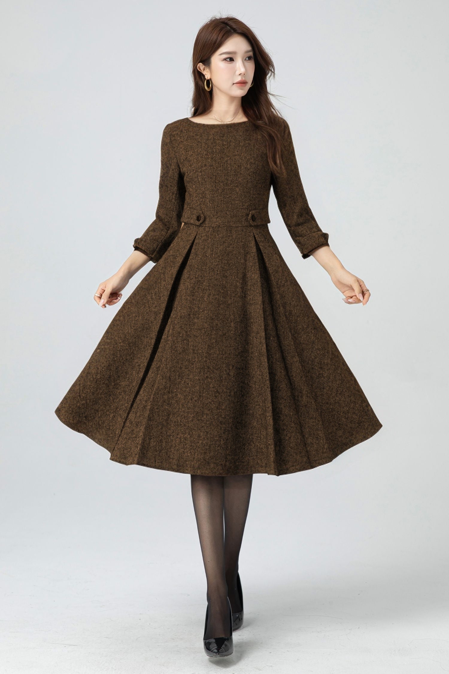 Wool Blend Fit and Flare Midi Dress Vintage Winter Dress 5301 Gray / M Wool Blend Fit and Flare Midi Dress Vintage Winter Dress 5301 Gray / M