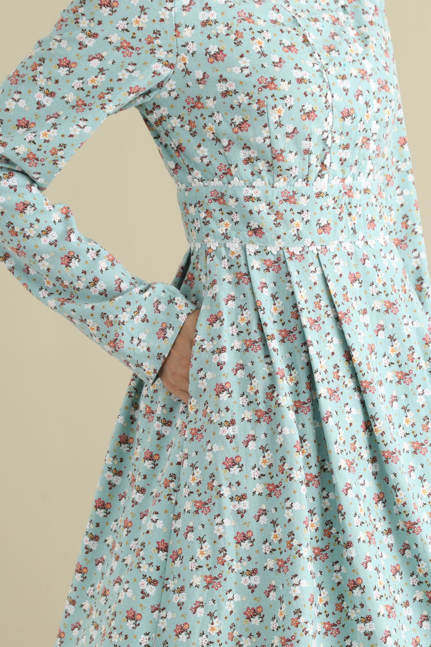 Floral spring long sleeves linen dress women 2795