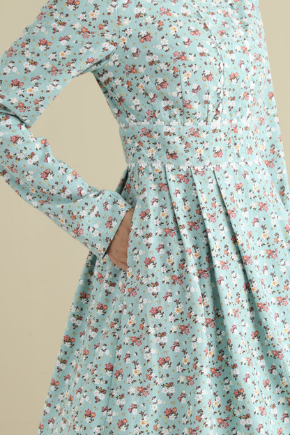 Floral Linen Knee-Length Dress - Long Sleeve, Round Neck 2795