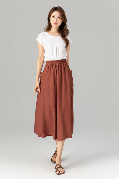 Rust Linen A-Line Midi Skirt - Elastic Waist with Pockets 4905