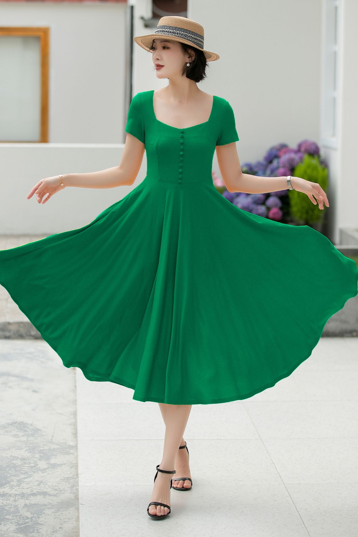 Square Neck Midi Dress, Linen Blend | Xiaolizi green / S Square Neck Midi Dress, Linen Blend | Xiaolizi green / S