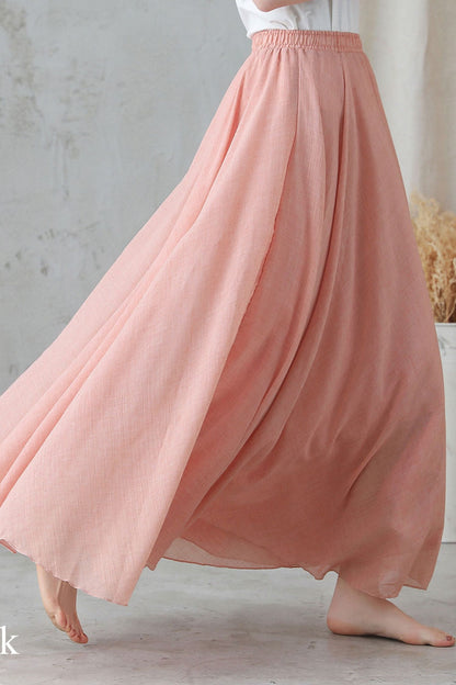 Handmade Linen Maxi Skirt Beige – High-Waist Flowy Circle Hem – 2820