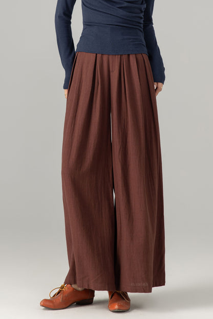 Brown Linen Cotton Wide Leg Pants - Fabric Belted Waist 5700