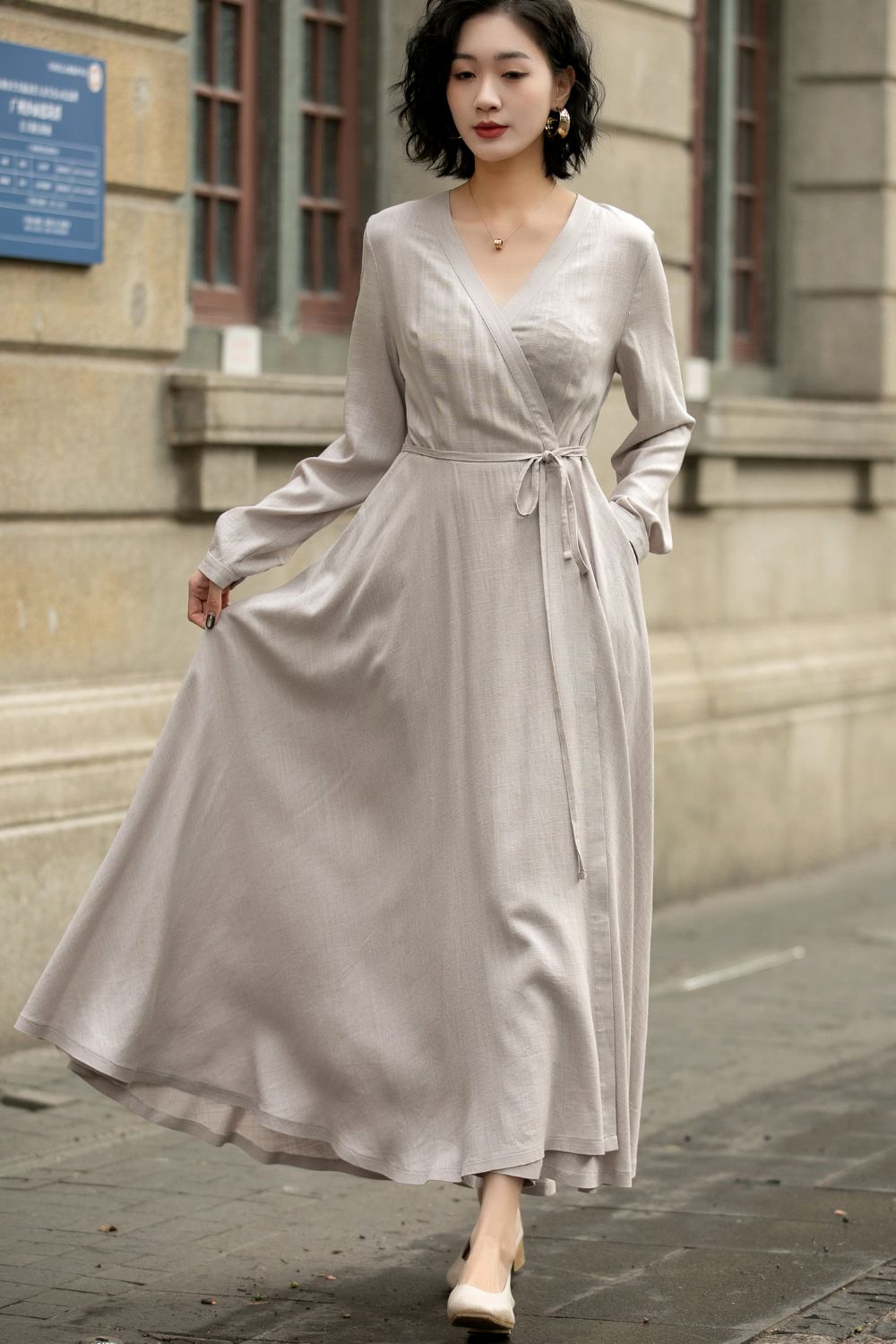 Long sleeves gray wrap linen dress 5672