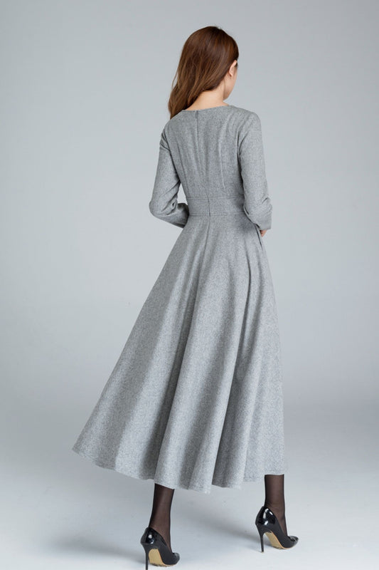 Handmade Gray Wool Swing Dress – Long Sleeve Fit and Flare Winter Dress | Xiaolizi 1616