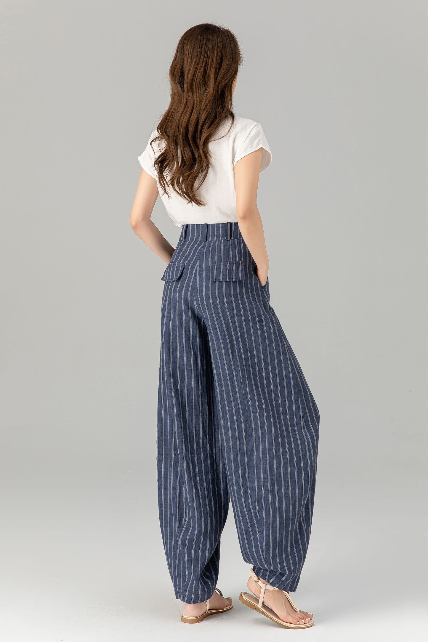 Plus size blue striple long linen pants 4939